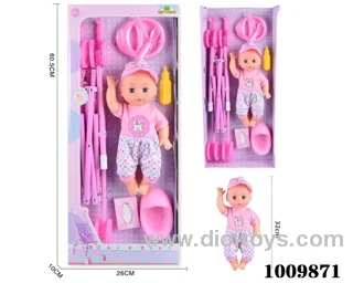14 inch  Water doll,Movable eyes with  milk bottle ， urinal,_x000D_
cart&With 6-sound IC