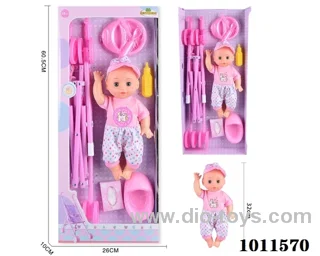 14inch  blow bottle, movable eye Drink water  doll, with Absorbent milk bottles, dinner plates, tissues,urinal, cart,With 6-sound IC
