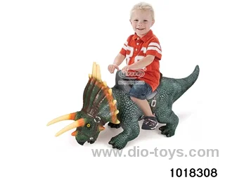 Children ride oversized dinosaurs in pe bag with header
