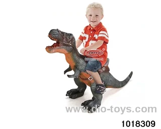 Children ride oversized dinosaurs in pe bag with header