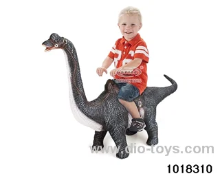 Children ride oversized dinosaurs in pe bag with header