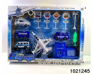 Airport set (fighter plane back, car skidding) in window box