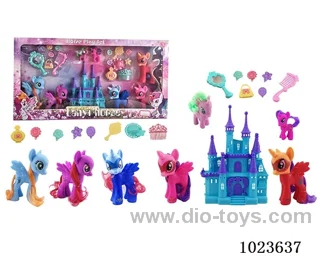 rubber horses with castle in window box