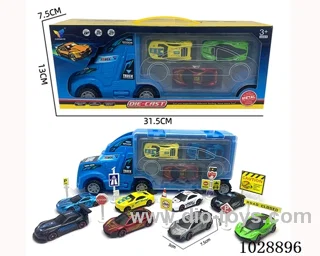 friction car& 3pcs alloy car set with road sign  in window box
