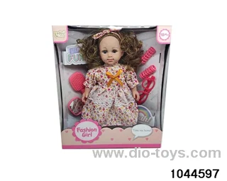 14 INCH STRAIGHT FOOT COTTON BODY FLORAL DRESS FOR GIRLS AND ACCESSORIES SUCH AS COMBS, MIRRORS, HAIR ROLLS, GLASSES, ETC IN COLOR BOX