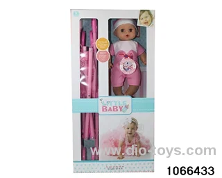 14 inch doll with stroller in window box