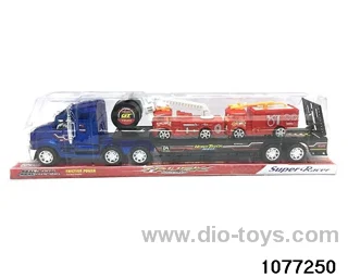 Inertia tractor carrying 2 skidding fire trucks in PVC cover