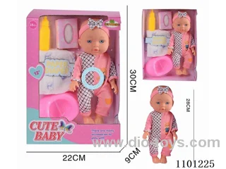 12 "blow bottle, fixed eye water male doll, with absorbent bottle, tissue, urinal, diaper, with 6-tone IC