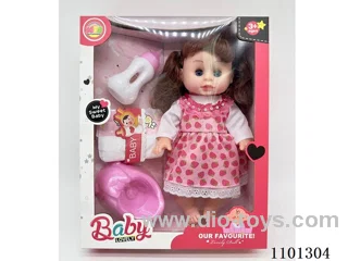 14-inch blow bottle girl (2 types of clothes)+ baby bottle, diaper, bedpan/Functions: water pee, 4 sound IC
