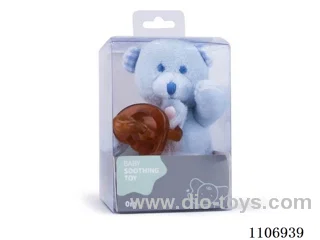 The bear soothes the stuffed animal