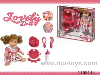 Full vinyl 12 inch girl doll set [Drink water pee baby bottle dinner plate fork spoon toilet comb mirror IC]