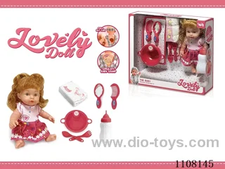 Full vinyl 12 inch girl doll set 【 Drink water pee baby bottle dinner plate fork spoon diaper comb mirror IC 】