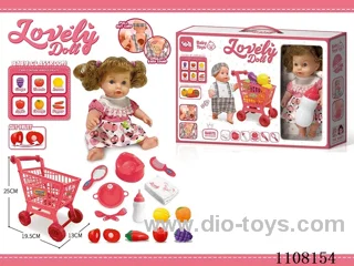Full vinyl 12 inch girl doll set 【 Shopping cart Drink water pee baby bottle toilet seat dinner plate fork spoon diaper comb mirror 6 Chechelle fruit 6 cards teaching IC 】