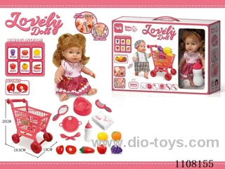 Full vinyl 12 inch girl doll set 【 Shopping cart Drink water pee baby bottle toilet seat dinner plate fork spoon diaper comb mirror 6 Chechelle fruit 6 cards teaching IC 】