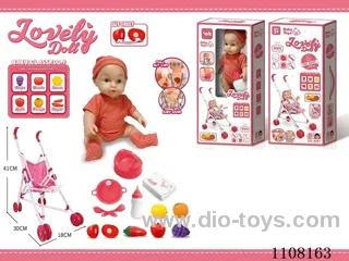 Full vinyl 12 inch boy doll set [Trolley drink water pee bottle toilet seat dinner plate fork spoon diaper 6 Cheserle fruit 6 cards teaching IC]