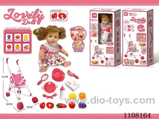 Full vinyl 12 inch girl doll set 【 Cart drink water pee baby bottle toilet seat dinner plate fork spoon diaper comb mirror 6 Chechelle fruit 6 cards teaching IC 】