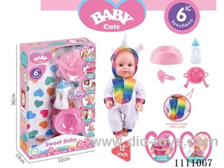 12-inch Unicorn Water pee Doll set (doll + bottle + plate + fork + spoon + basin + pacifier) with 6-tone IC(electric included)