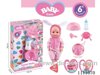 12-inch Pink Rabbit Water pee doll set (doll + bottle + plate + fork + spoon + basin + pacifier) with 6-tone IC(electric included)
