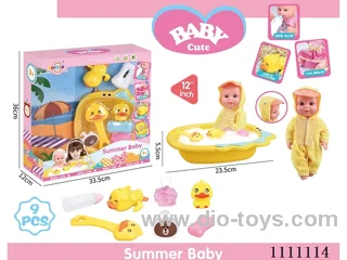 12-inch Yellow Duck Bath doll set (doll + bath tub + soap + bath brush + Yellow Duck + bath ball + shower gel bottle + baby bottle + Yellow Duck on chain) without IC