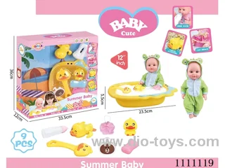 12 "frog doll set (doll + bath tub + soap + bath brush + Yellow duck + bath ball + shower gel bottle + baby bottle + Yellow Duck on chain) without IC