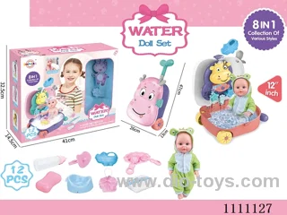 12 "frog theme doll 8-in-1 water play set (doll + water play trolley box + soap + bath ball + hippo kettle + baby bottle + dinner plate + diaper + diaper + pacifier) without IC