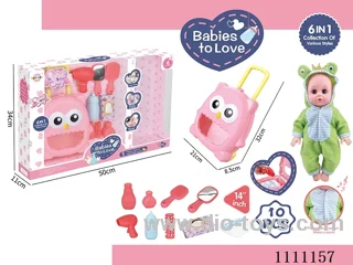 14 inch frog water doll set IC6 sound + pull rod box + blower + mirror + comb + baby bottle + tissue box + diaper + bottle 2 + hairpins