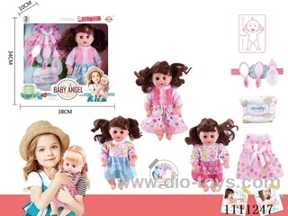 14 "4 tone empty doll comb mirror + bottle + diaper + skirt