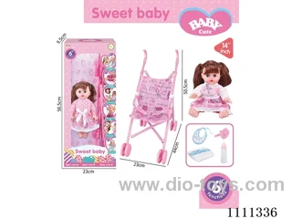 14-inch brunette girl doll 6-tone IC with 55cm plastic cart + pacifier + bottle + diaper + saliva towel