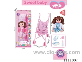 14-inch brunette girl doll 6-tone IC with 55cm plastic cart + pacifier + bottle + diaper + saliva towel