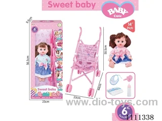 14-inch brunette girl doll 6-tone IC with 55cm plastic cart + pacifier + bottle + diaper + saliva towel