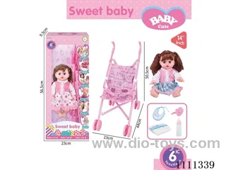 14-inch brunette girl doll 6-tone IC with 55cm plastic cart + pacifier + bottle + diaper + saliva towel