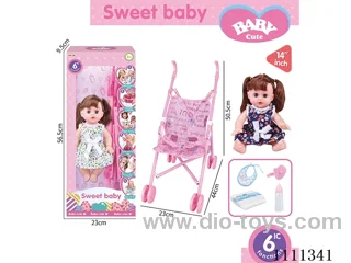 14-inch brunette girl doll 6-tone IC with 55cm plastic cart + pacifier + bottle + diaper + saliva towel