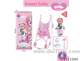14-inch Unicorn doll 6-sound IC with 55cm plastic cart + pacifier + bottle + diaper + drool towel