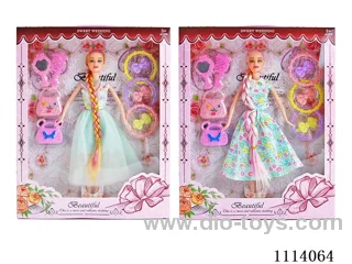 11.5 "30 cm 5 Jointed Solid Body Color Print Eyes Long Hair Barbie Doll + Accessories (2 mixed)
