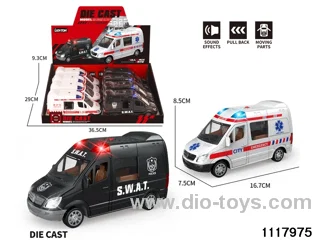 8pcs 1:32 pull back alloy ambulance with light/music，2 colors，include 3*AG13