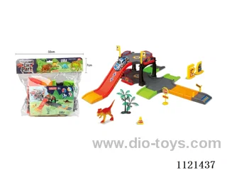 Dinosaur track parking Park 1 metal pull-back car 1 Dinosaur 2 coconut trees