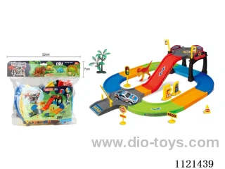 Dinosaur track parking Park 1 metal pull-back car 1 Dinosaur 2 coconut trees