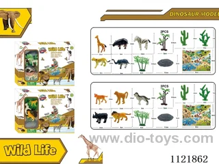 2 inch wild animals 5PCS + big stone + small coconut tree + cactus + dry bamboo tree + map game AB mixed 12PCS