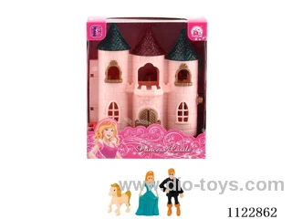 Mini Castle with colorful lights with 12 music (pack 3 AG13 batteries) + Princess/Prince/horse + Furniture (2 mixed)