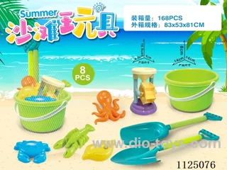 Green bucket with beach accessories + Small hourglass (8PCS)