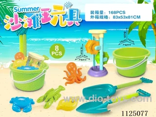 Green Bucket with beach accessories + Hourglass (8PCS)