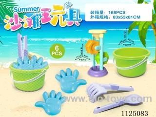 Green Bucket with beach accessories + Hourglass (6PCS)
