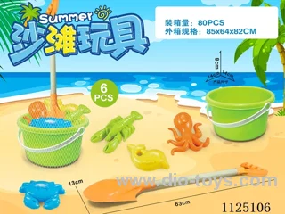 Green bucket with beach accessories + Large shovel (6PCS)