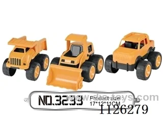 Three sliding cartoon engineering cars