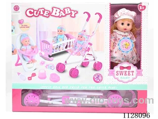 12-inch eco-friendly doll/plastic cart/chair/bed/accessories / 6-sound IC/ water urination function/pack 3*AG13 batteries
