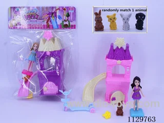 8.5CM solid body dress up Barbie slide castle set (4 PVC animals mixed)