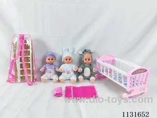 14 inch doll with English IC, plastic bed, pillow, quilt