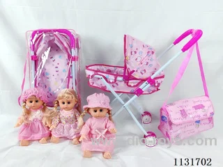 14 inch doll with English IC, iron trolley, bag