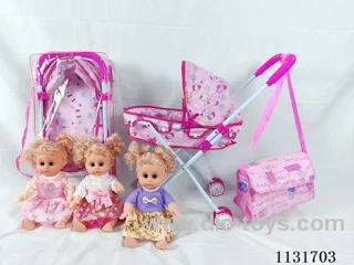 14 inch doll with English IC, iron trolley, bag