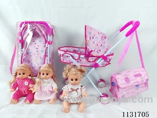 14 inch doll with English IC, iron trolley, bag
